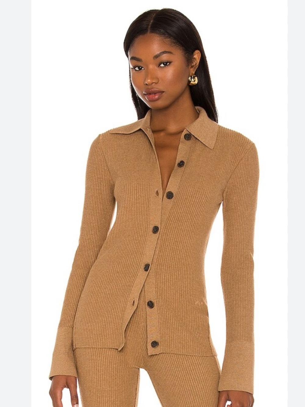 Frame Slim Rib Cardi Tan Cardigan in Cafe Au Lait